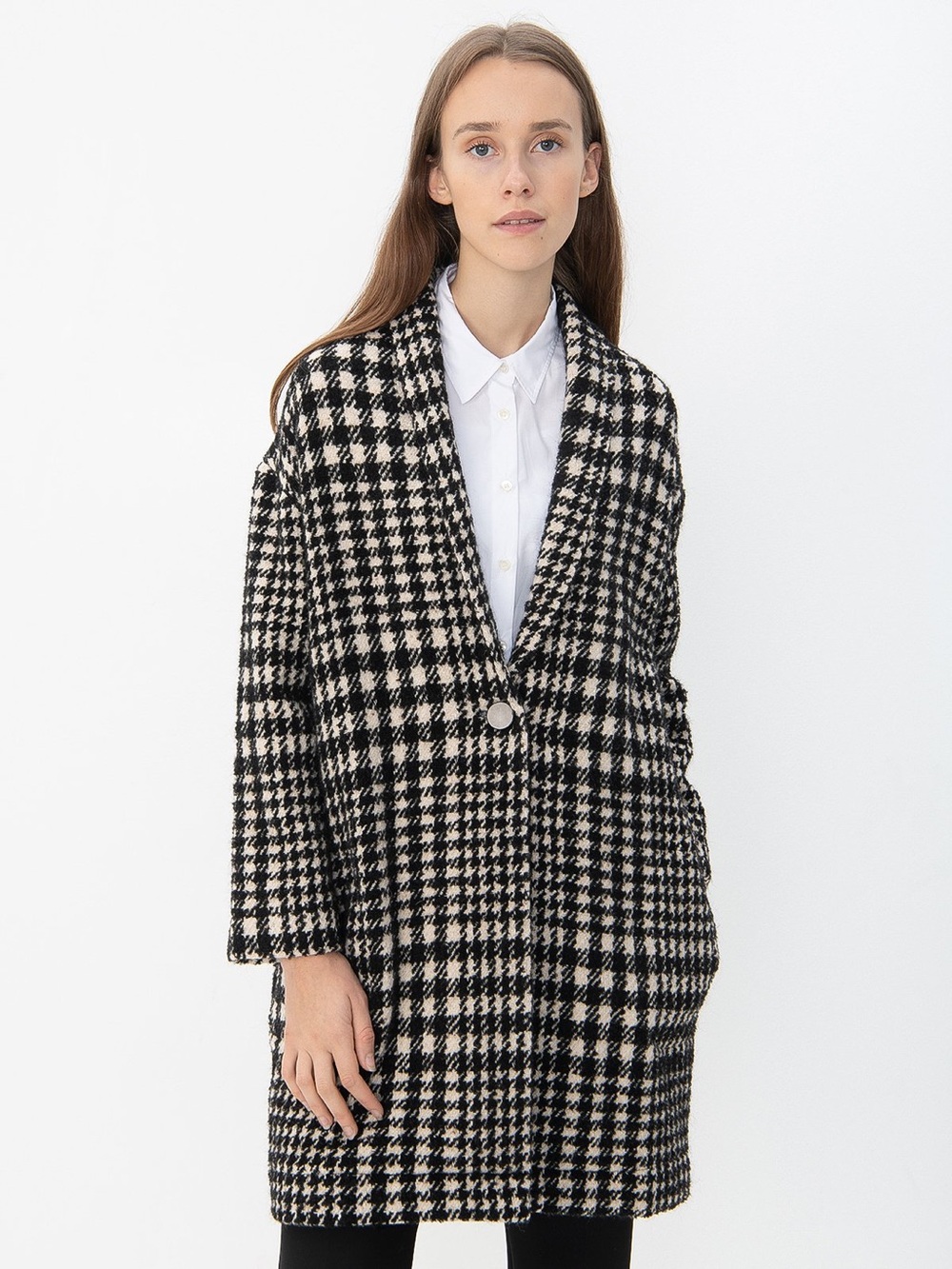 Gerard Darel Black and Cream Houndstooth Pea Coat